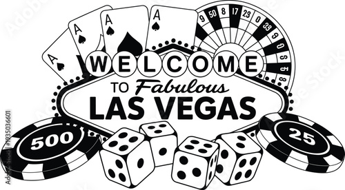 Las Vegas casino sign illustration with poker cards, dice, roulette wheel and casino chips vector design inspired by famous Vegas welcome sign