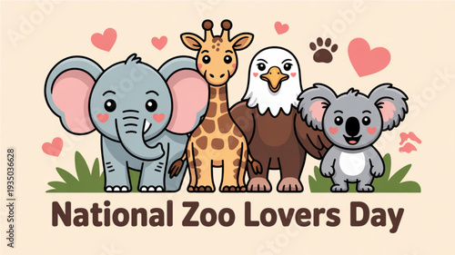 Cartoon animals celebrate national zoo lovers day with hearts and smiles on a beige background