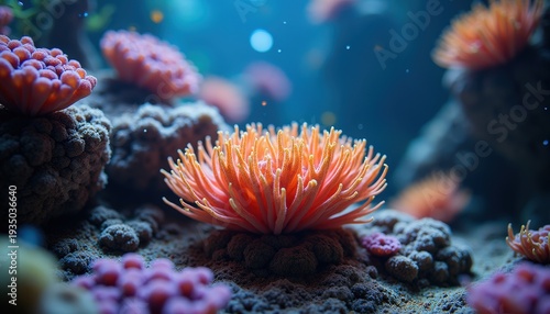 Vibrant Orange Coral Anemone Underwater Scene with Soft Blue Light and Textured Rocks Detailed Marine Life in Shallow
