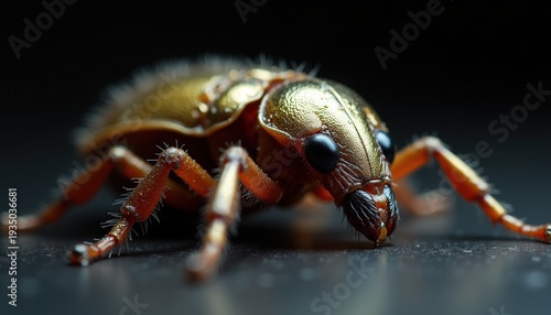Close up macro of a metallic gold insect with fuzzy antennae and black eyes on a dark textured surface with soft