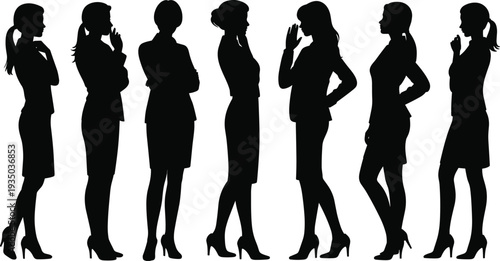 Set of professional business women silhouettes standing in various poses including thinking and talking isolated on white background for corporate concepts