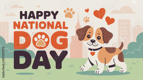 Cute dog celebrating happy national dog day with hearts and paw prints in a city park