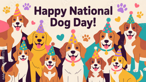 Happy national dog day celebration with group of dogs wearing colorful party hats and surrounded by hearts and paw prints on beige background