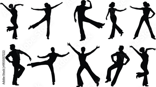 Disco dance silhouettes collection showing men and women dancing retro party moves music entertainment vector illustration isolated set