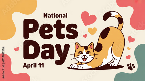 National pets day april 11 cat illustration with hearts and colorful background