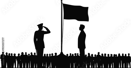 Silhouette flag raising ceremony, military salute, national respect, patriotic unity, official event, community gathering, honor tradition, cultural pride, symbolic celebration