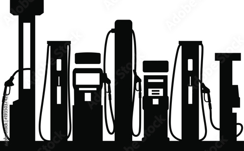 Silhouette fuel dispensers, gas pump collection, energy infrastructure, fuel technology, transportation industry, petrol station equipment, nozzle hose design, evolution