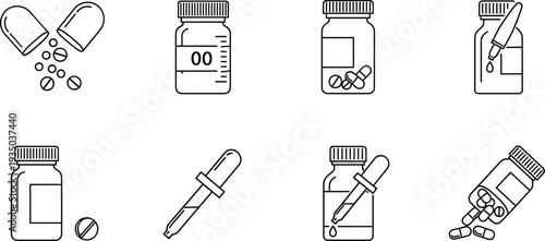 Medicine bottles and pills outline icons vector set with dropper capsules and pharmaceutical symbols
