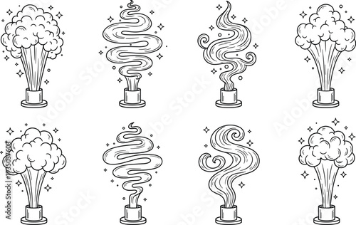 Magic potion smoke effects vector set with mystical vapor swirls fantasy spell illustration