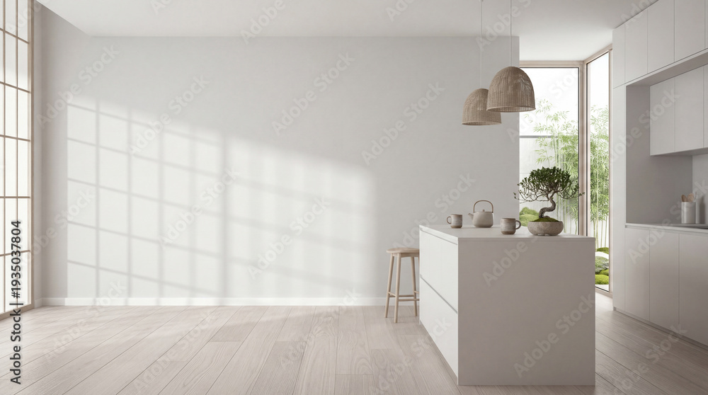 Fototapeta premium elegant contemporary white room kitchen room interior ,Color of the Year 2026 – Cloud Dancer ,copy space .3D render