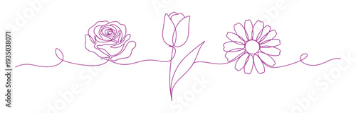 Simple continuous line artwork of a three-flower arrangement.