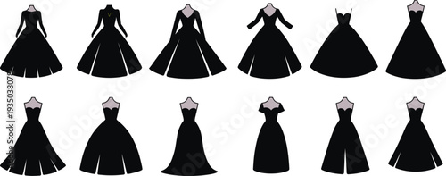 Elegant women evening dress silhouettes collection featuring long gown designs, fashion boutique clothing styles isolated vector illustration set