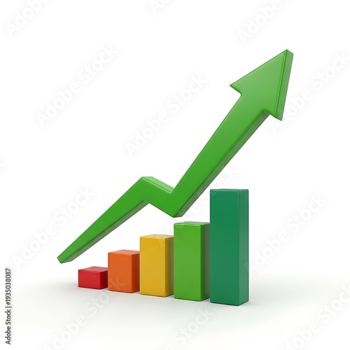 A green arrow rises above colorful bars in a 3D business graph illustration Free Download A green arrow rises above colorful bars in a 3D business graph illustration - GFXLoad