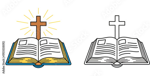 Open Bible with Shining Cross Coloring Page - Symbol of Faith, Scripture, and Divine Guidance.