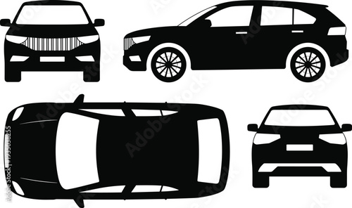 Modern car silhouettes set showing front, side and top views of sedan vehicle vector illustration isolated on dark background for transport design