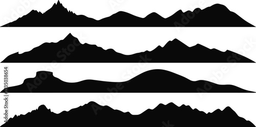 Mountain range silhouettes set with landscape hills and peaks vector collection isolated on dark background for nature, hiking, outdoor adventure design