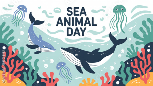 Whales and jellyfish swim with coral reef on sea animal day ocean creatures illustration