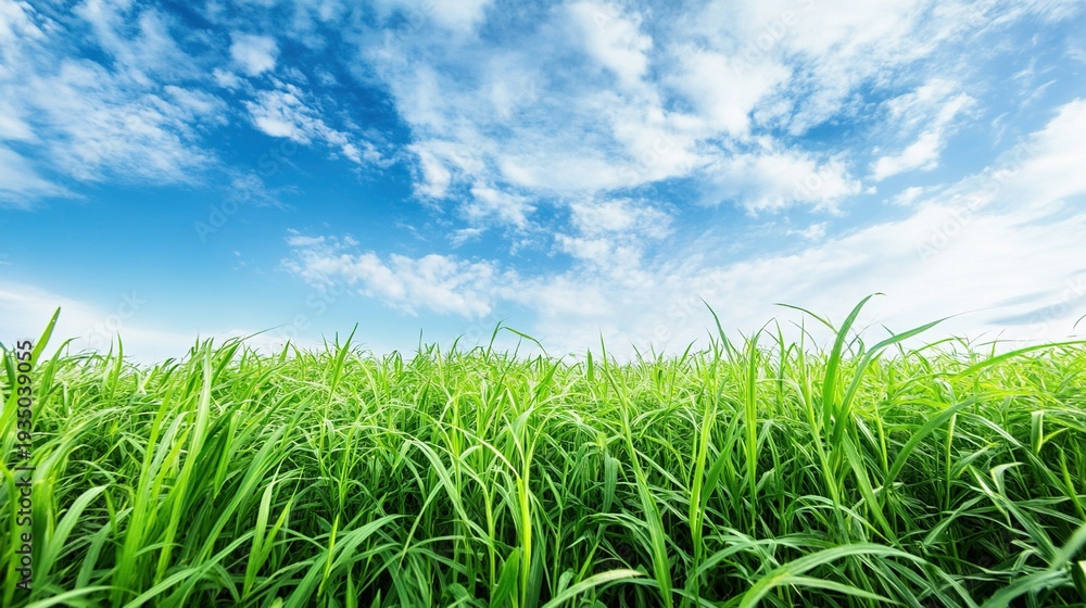 Obraz premium ryegrass. Vast meadow of lush perennial ryegrass waving under a clear blue sky. event programs, museum guides, designed for cultural heritage projects and event programs, supports education.