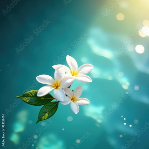 White jasmine blossoms float in cool blue water, dappled sunlight , spa, selective focus