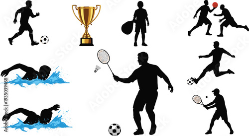 Sports silhouette illustration, athletes in action, soccer player kicking ball, basketball competition artwork, swimming strokes design, badminton match scene, golden trophy victory