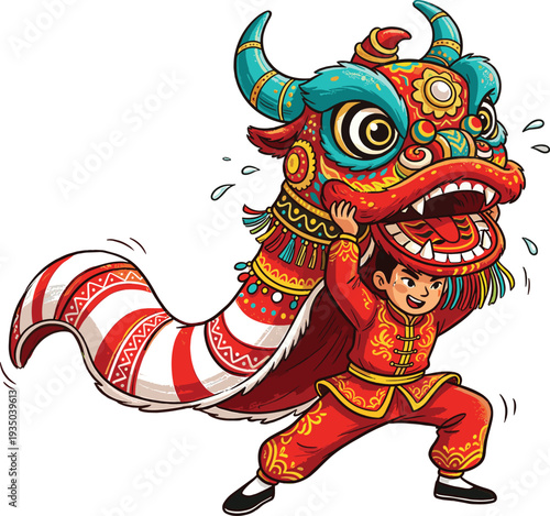 Chinese Lion Dance Performer in Traditional Costume Holding Colorful Dragon Head Lunar New Year Festival Celebration Cartoon Vector Illustration