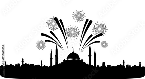 City skyline with mosque silhouette celebrating event with fireworks display at dusk viewpoint