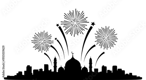 City skyline illustration with fireworks exploding above buildings at night from a distant viewpoint