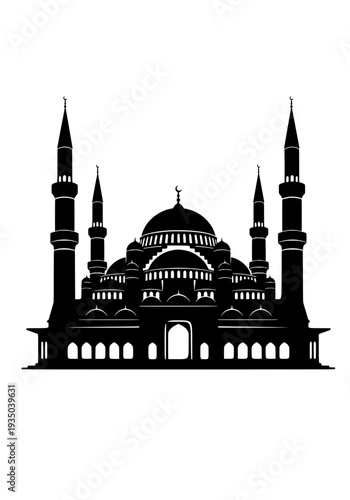 Majestic mosque silhouette with minarets and domes, a serene architectural wonder viewed from afar