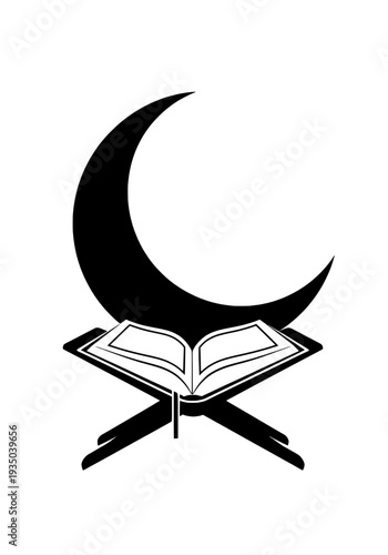 Crescent moon above open book on stand vector illustration in serene nighttime setting