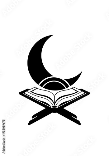 An open holy book on a stand with a crescent moon above it, symbolizing faith and spirituality serene illustration