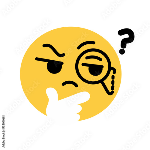 Illustration of a yellow emoji face thinking with its hand on its chin, using a monocle (eye magnifying glass) and a question mark symbol, expressing curiosity or analysis.