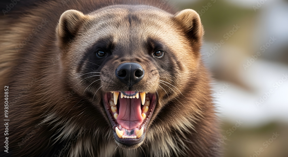 Naklejka premium A fierce and powerful wolverine standing in a snowy or forest environment