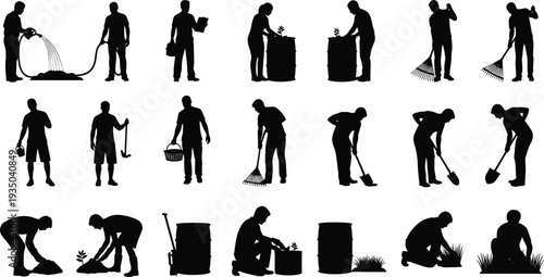 Gardener silhouettes set showing people watering plants, raking leaves, digging soil, planting flowers and garden maintenance outdoor work vector illustration