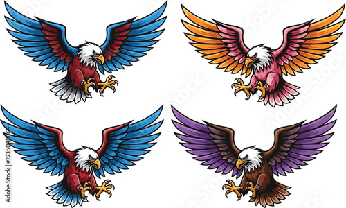 Set of four aggressive eagle mascot vectors in vibrant blue, red, purple, and orange colors flying with talons out for sports logo and tattoo design.