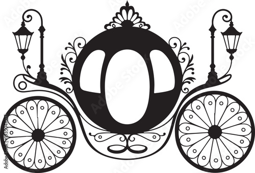 Elegant black and white illustration of a vintage carriage with ornate details