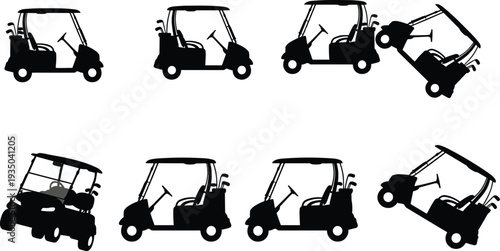 Golf cart silhouettes collection showing electric golf buggy vehicle from different angles sports transport vector illustration isolated set