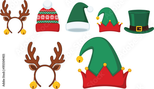 Christmas hats and reindeer antlers collection, Santa cap, elf hat, festive winter accessories set, holiday costume vector illustration