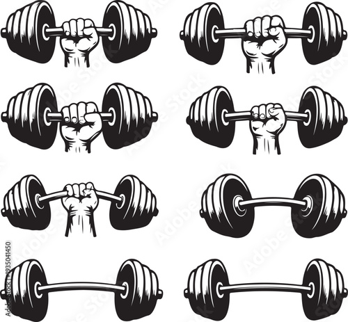 Illustration of a person lifting various types of barbells and dumbbells