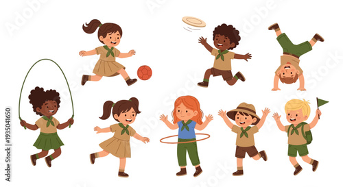 Diverse group of happy children in scout style uniforms playing various outdoor games together