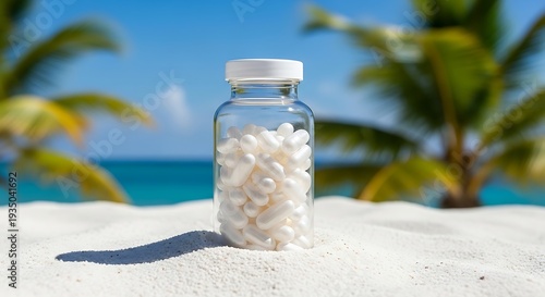 Pills in a Bottle on a Sandy Beach with Palm Trees and Ocean in the Background.