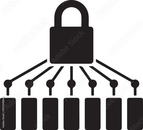 A padlock connected to multiple servers symbolizing network security