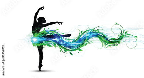 Graceful dancer's silhouette flows into vibrant nature-inspired energy and leaves