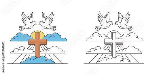 Cross, Doves, and Clouds Coloring Page - Symbol of Resurrection, Holy Spirit, and Divine Peace.