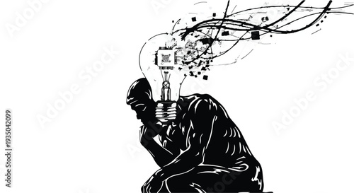 Man in deep thought, ideas exploding from his head in a creative burst.