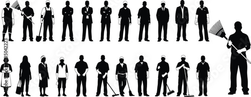 Cleaning staff silhouettes collection, janitors and maintenance workers set, housekeeping service team, professional cleaners poses, vector illustration