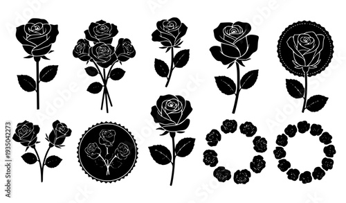 Black Rose Silhouette Icons Collection. Romantic Floral Symbol Set Vector Isolated