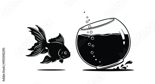Small fish leaps towards a large, tilted fishbowl with splashing water.
