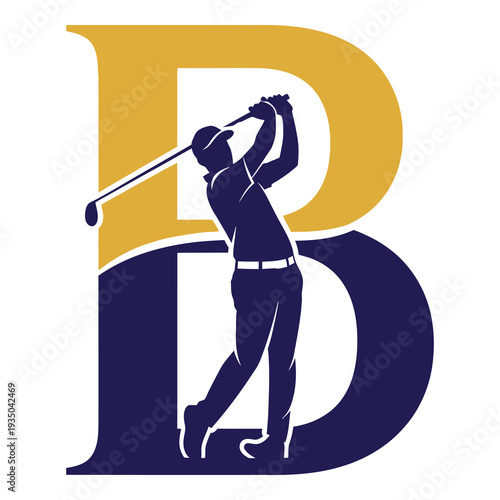 Golf player silhouette swinging club in front of large letter B  golfing sports logo design icon