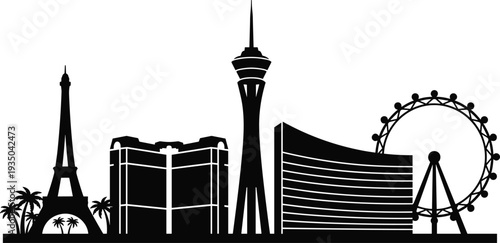 Las Vegas skyline silhouette with Eiffel Tower replica, Stratosphere Tower and High Roller wheel, iconic Nevada casino city vector illustration