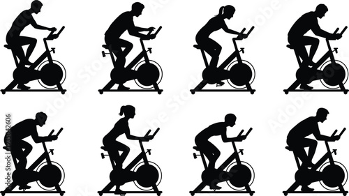 Indoor cycling silhouettes set with men and women on exercise bikes, spinning workout fitness vector illustration isolated on white background